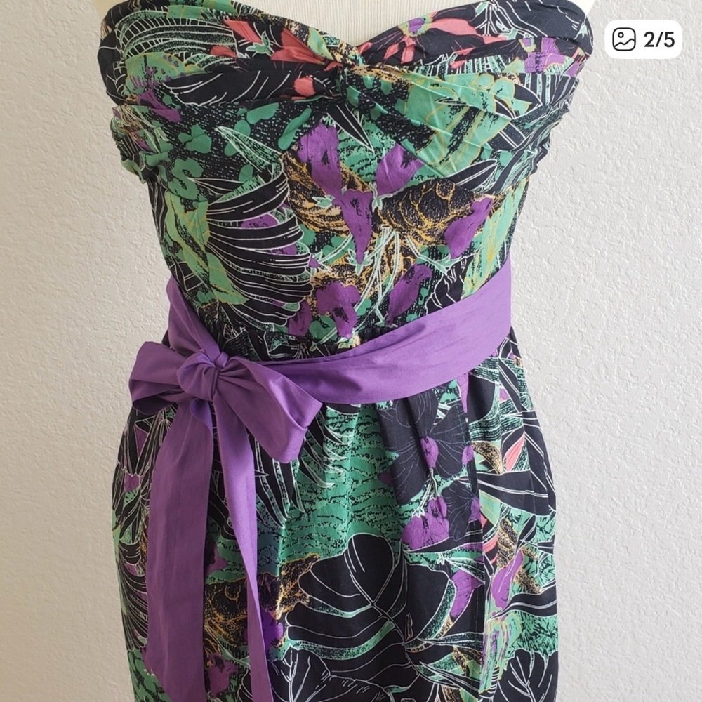 Edme & Esyltte Black Purple Leaf Strapless Dress 6 - Picture 2 of 5